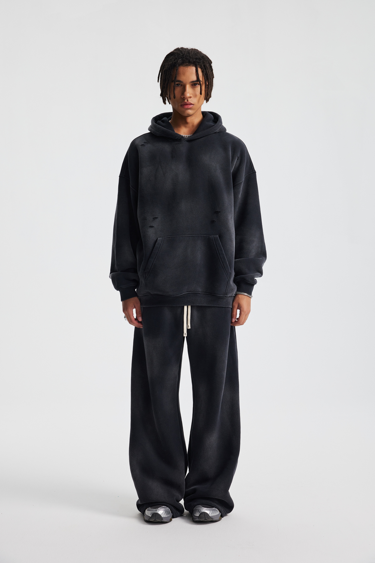 Distressed Pullover Hoodie – hood and neckline detail