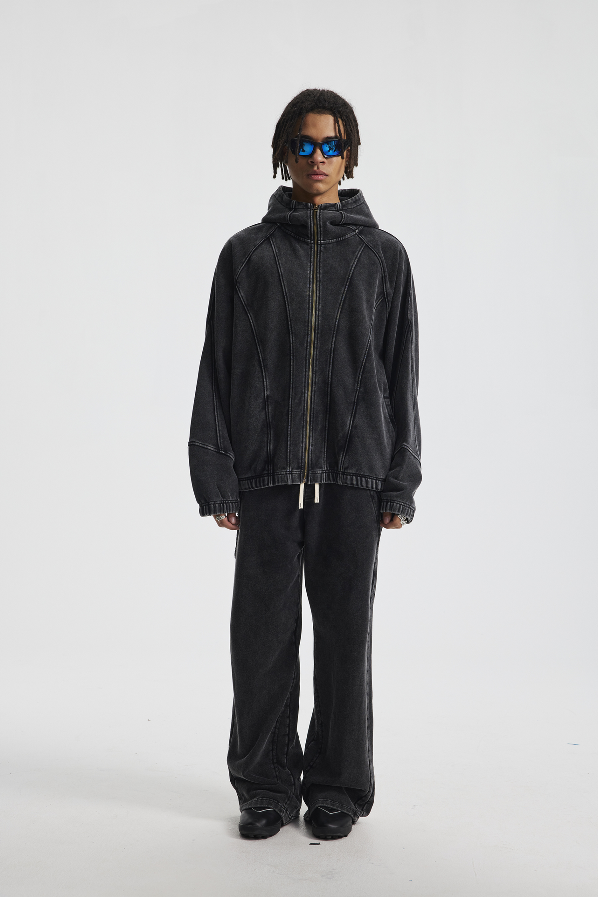 High-Neck Panelled Zip Hoodie – washed fabric detail