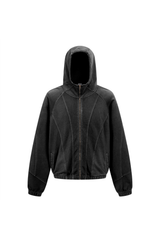 High-Neck Panelled Zip Hoodie in Black – front view