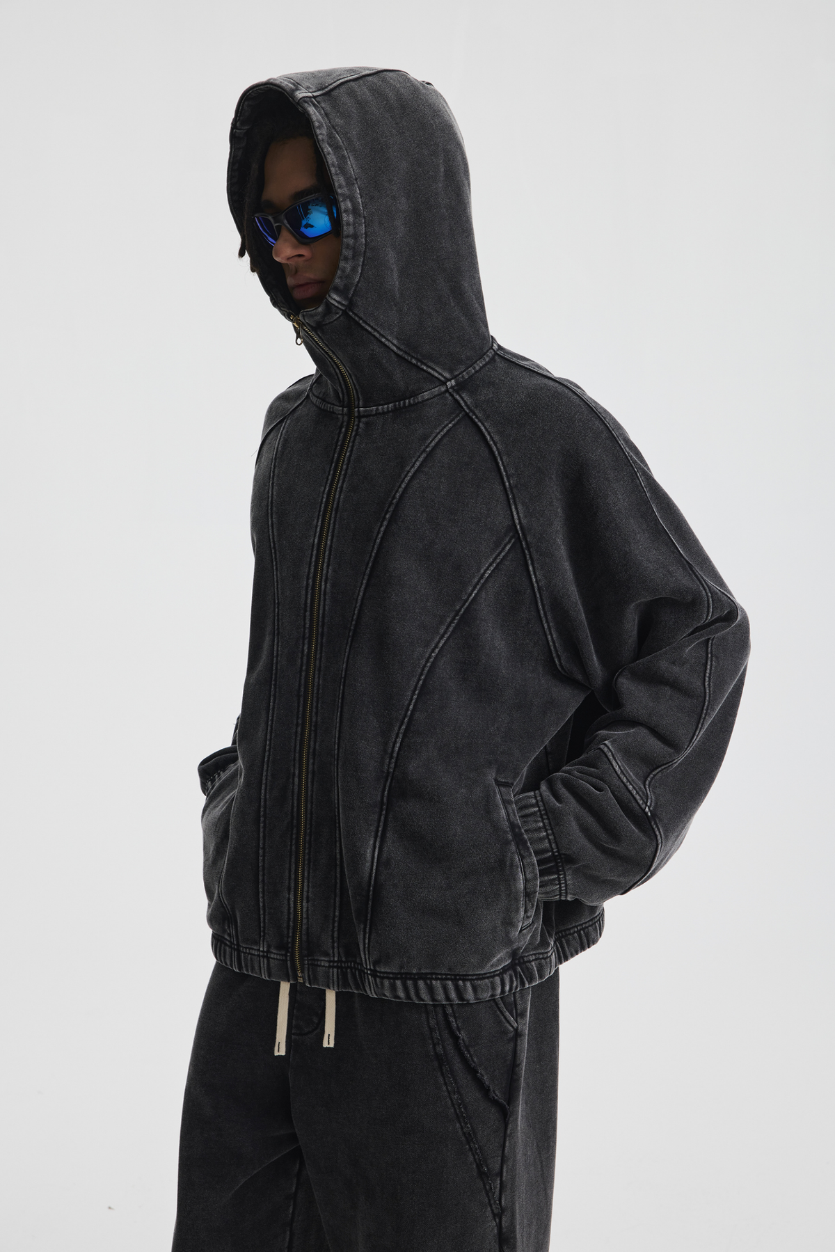 High-Neck Panelled Zip Hoodie – styled front view