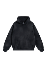 Distressed Pullover Hoodie in Black – front view