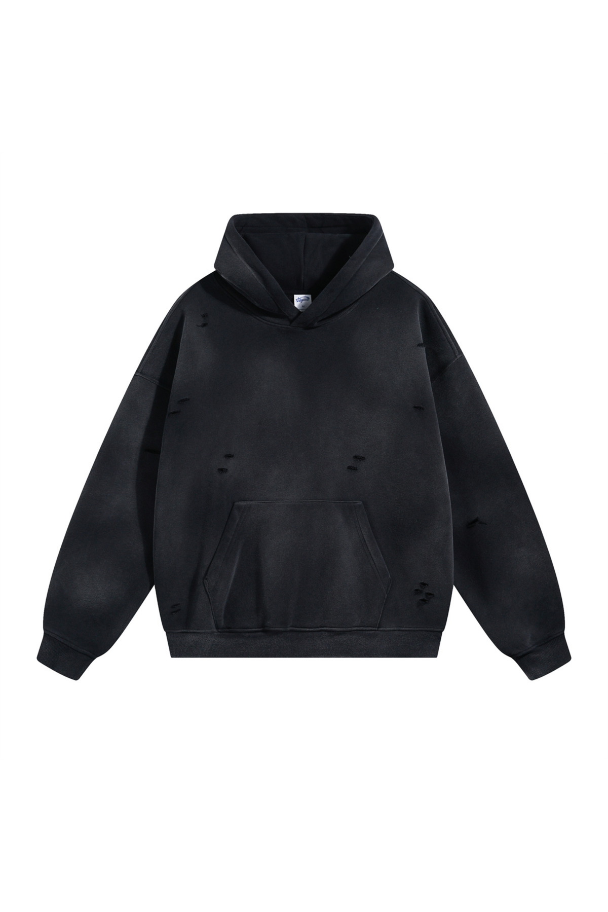 Distressed Pullover Hoodie in Black – front view