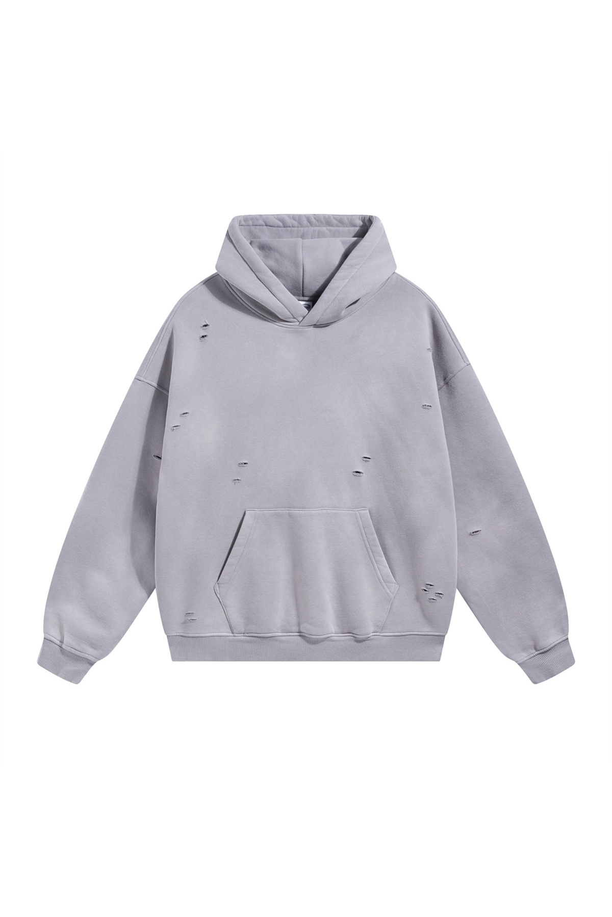 Distressed Pullover Hoodie in Light Grey – front view