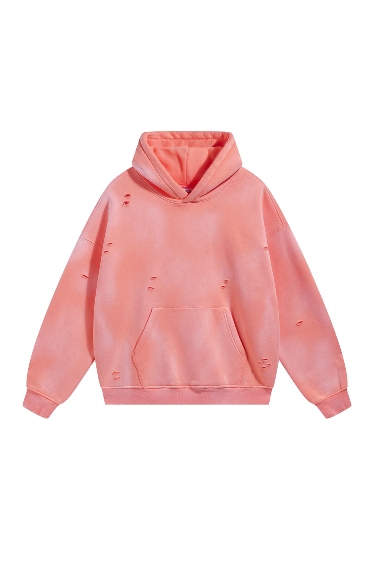 Distressed Pullover Hoodie in Coral – front view