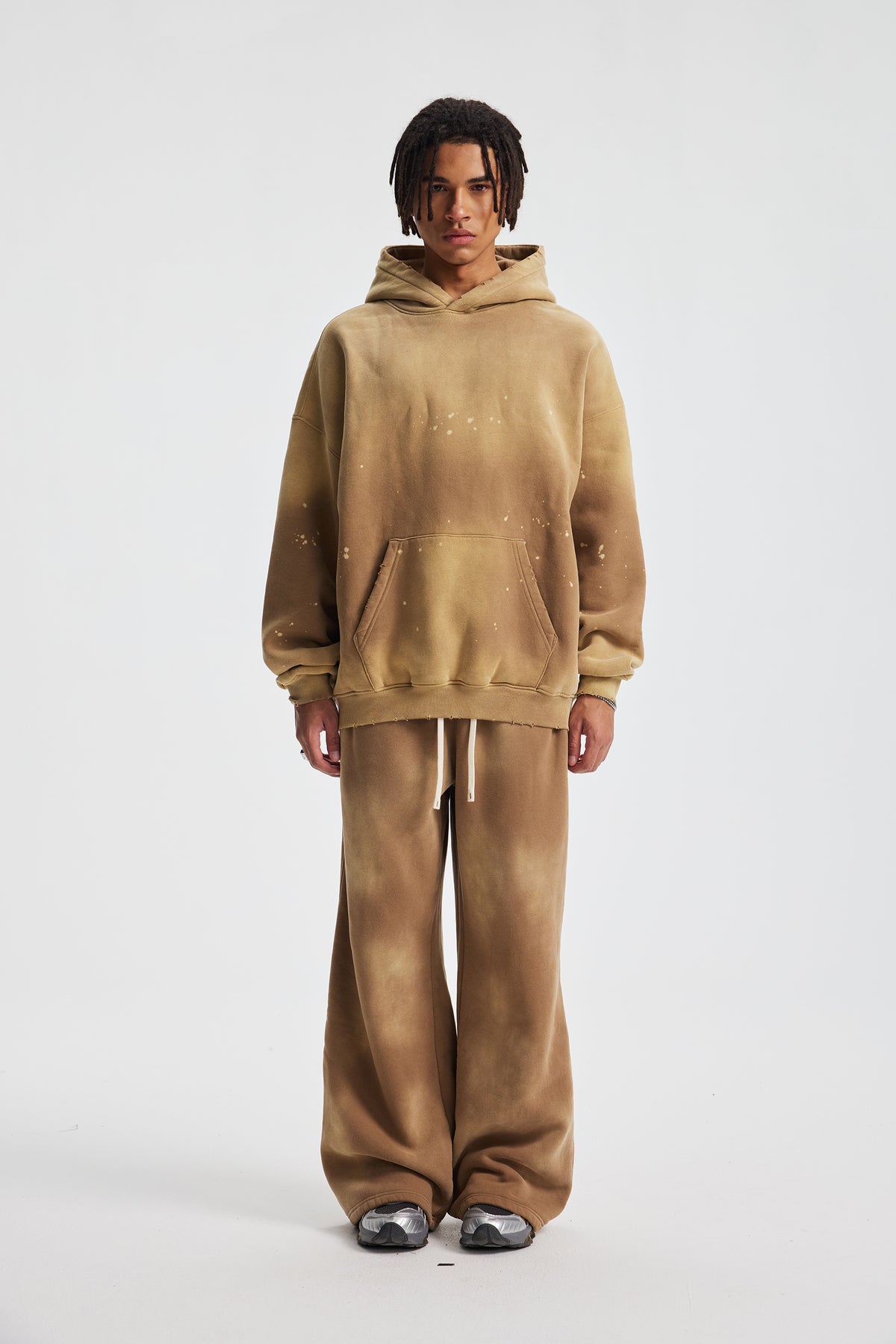Paint-Splatter Washed Hoodie – hood and neckline detail