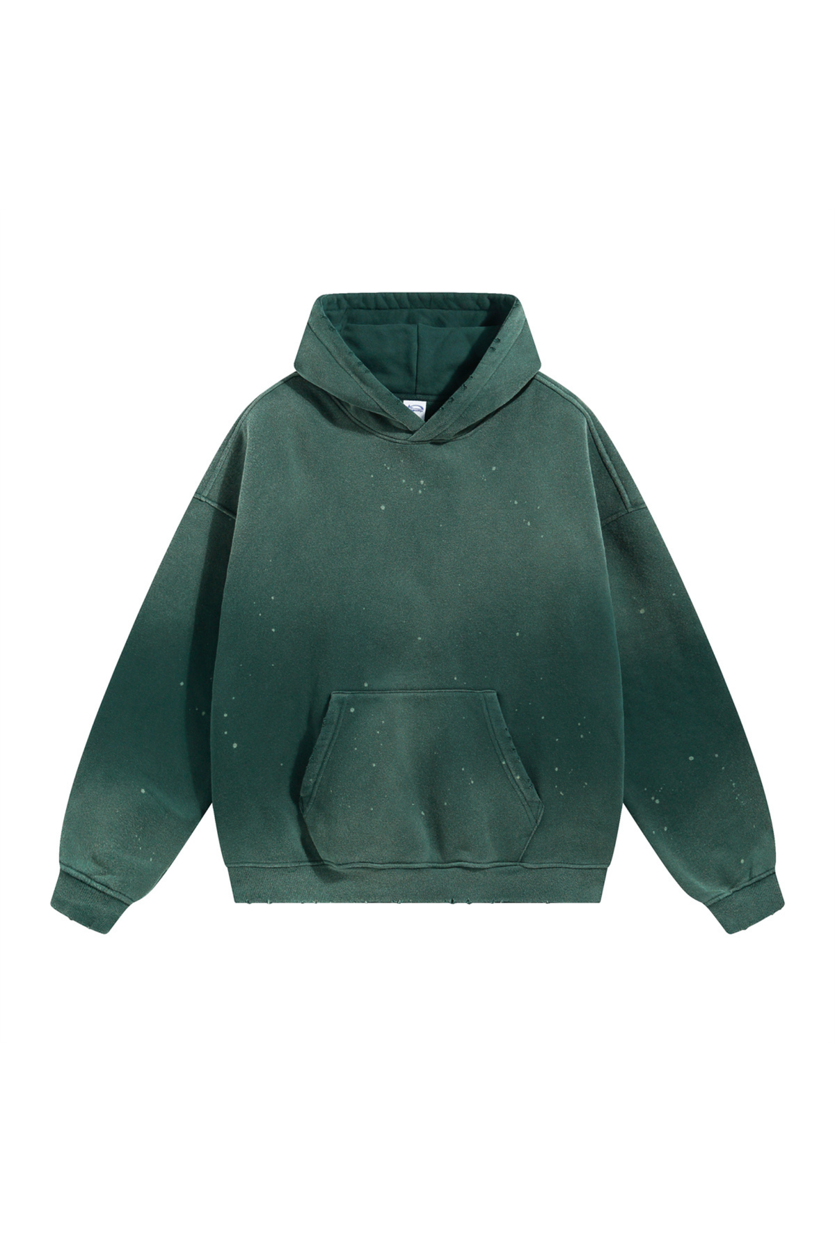 Paint-Splatter Washed Hoodie in Forest Green – front view