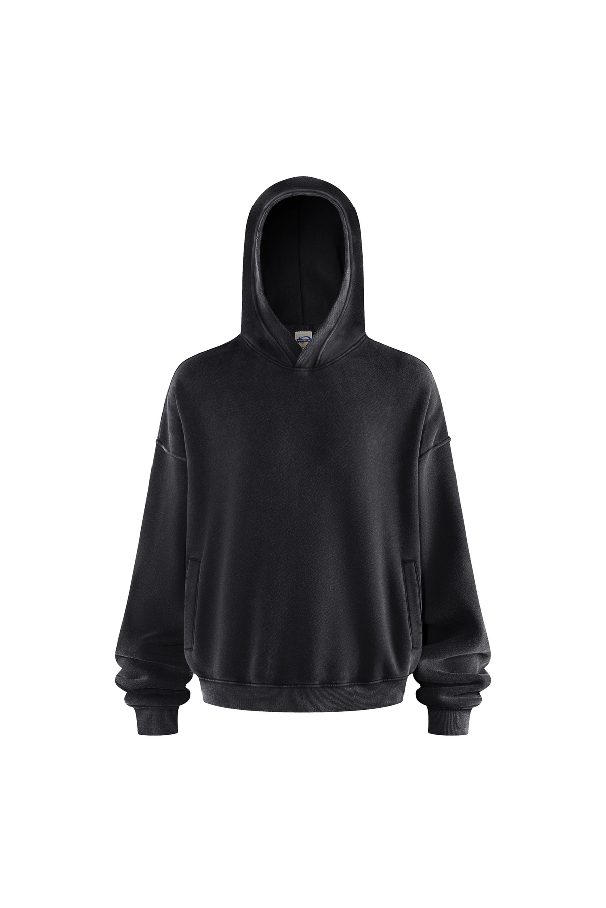 Distressed Rib-Panel Hoodie in Black – front view