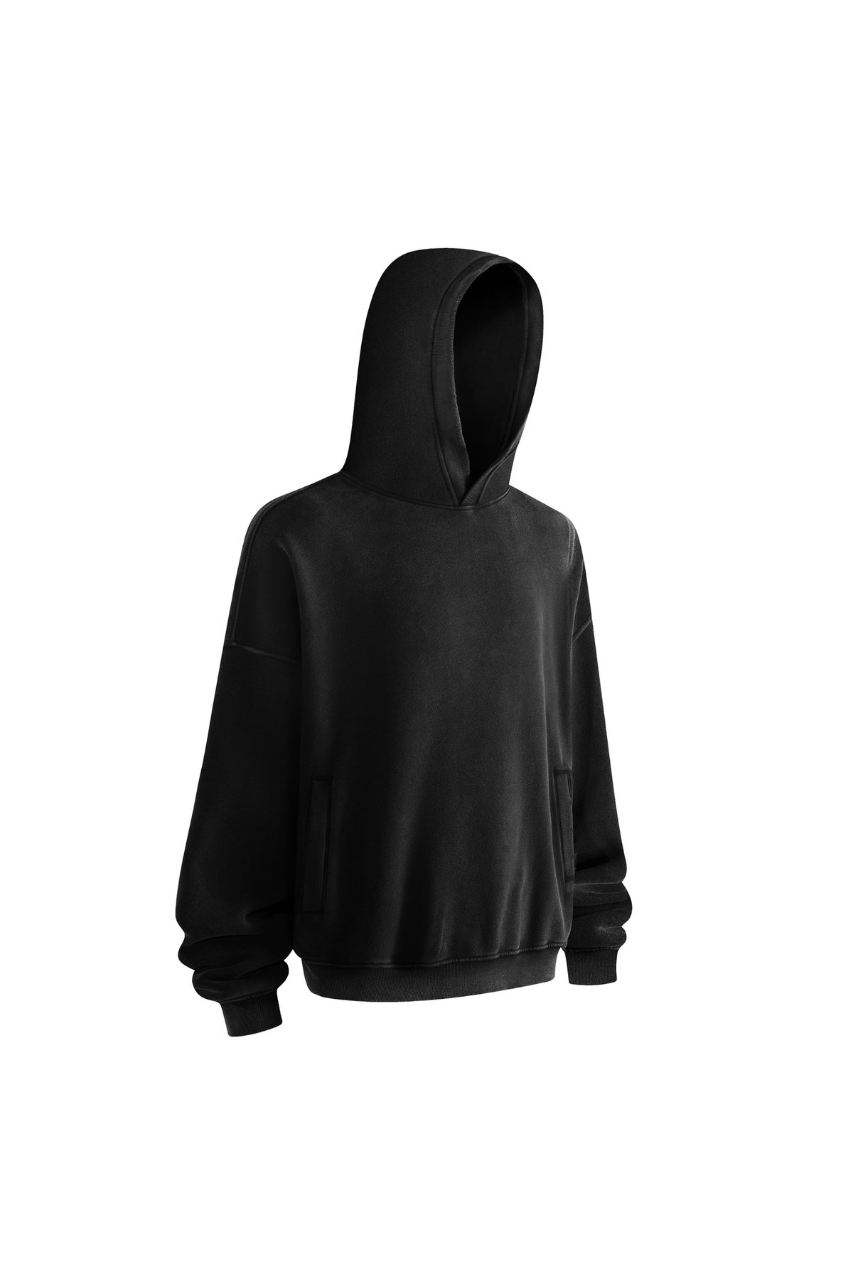 Distressed Rib-Panel Hoodie in Black – back view