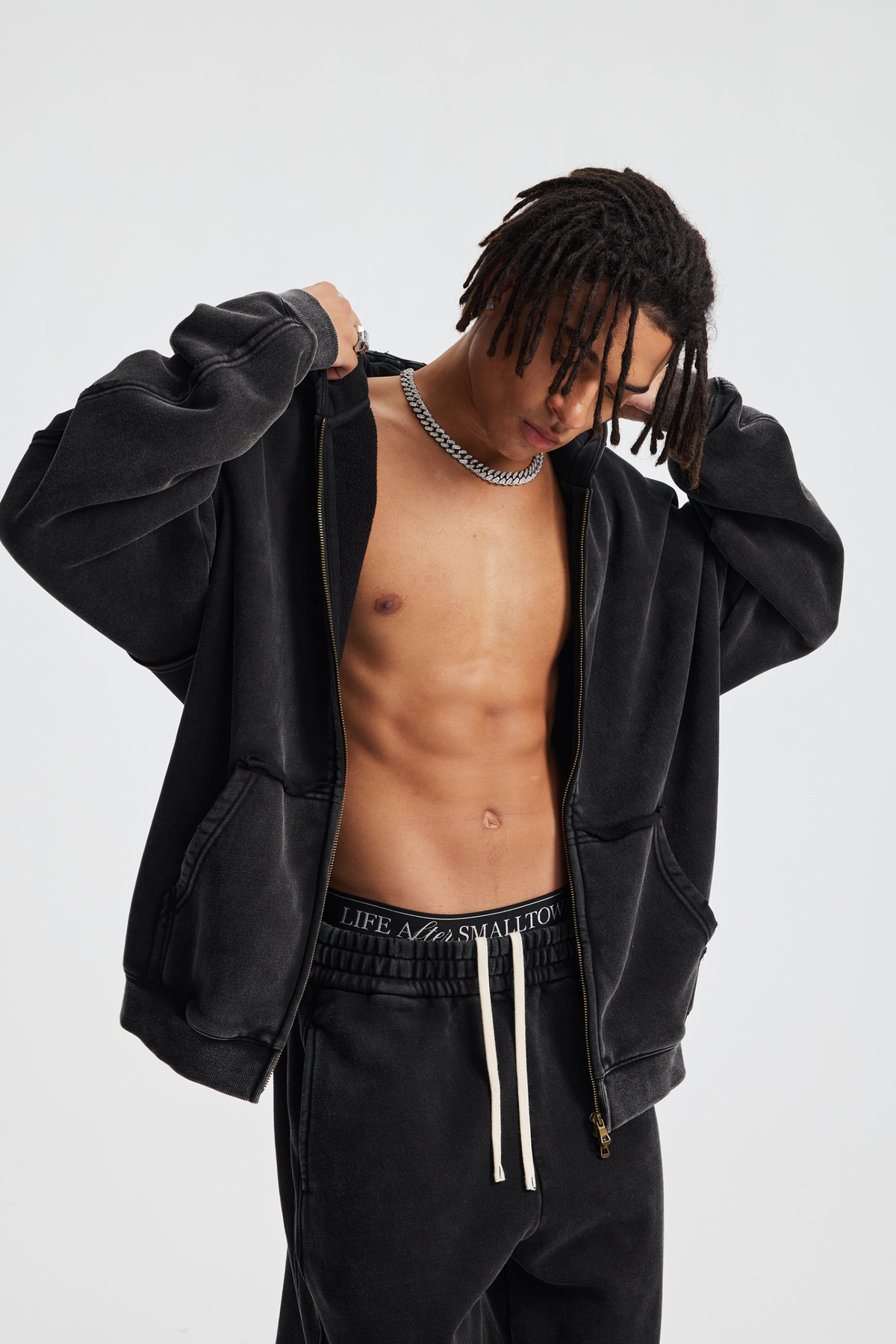 Distressed Two-Way Zip Hoodie