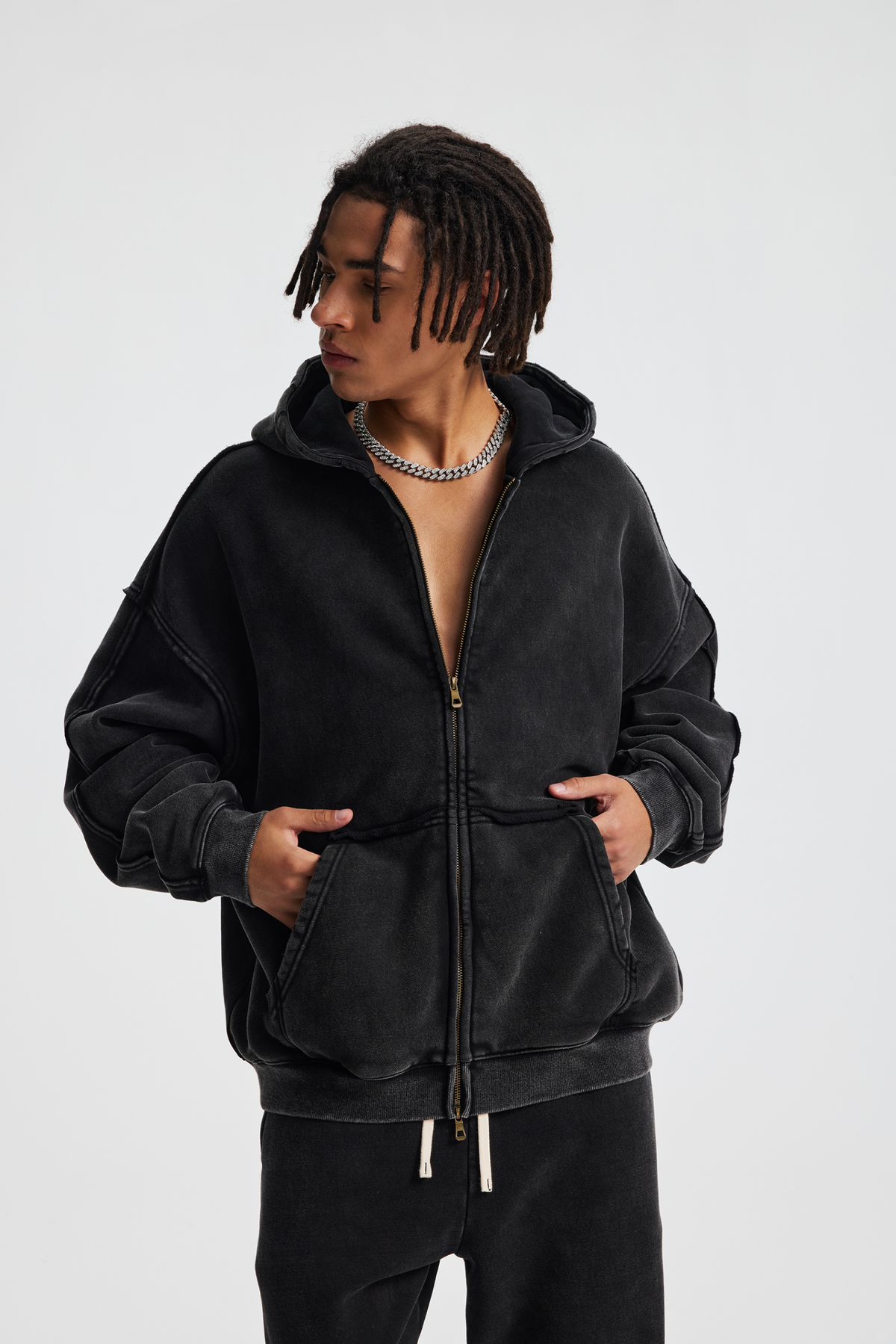 Distressed Two-Way Zip Hoodie