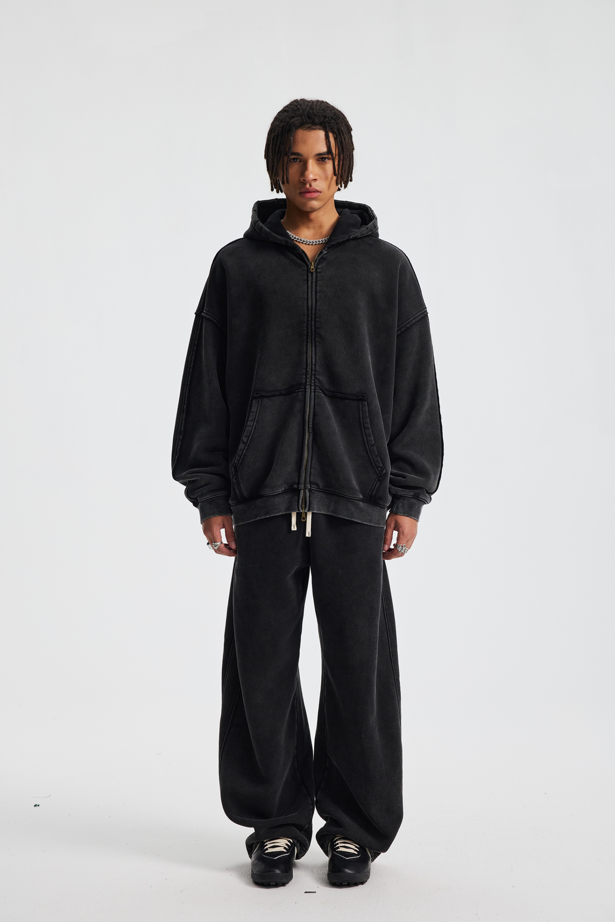 Distressed Two-Way Zip Hoodie
