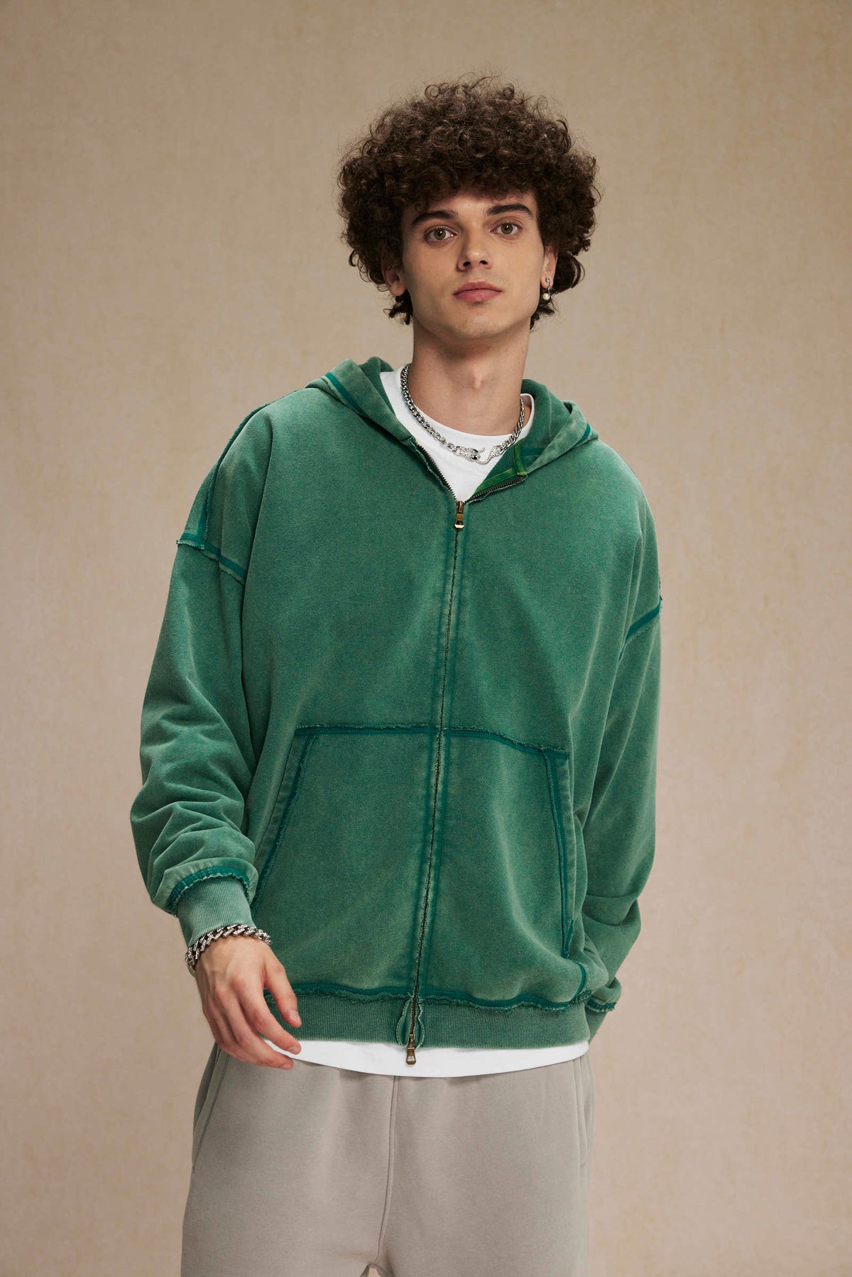 Raw Edge Two-Way Zip Hoodie