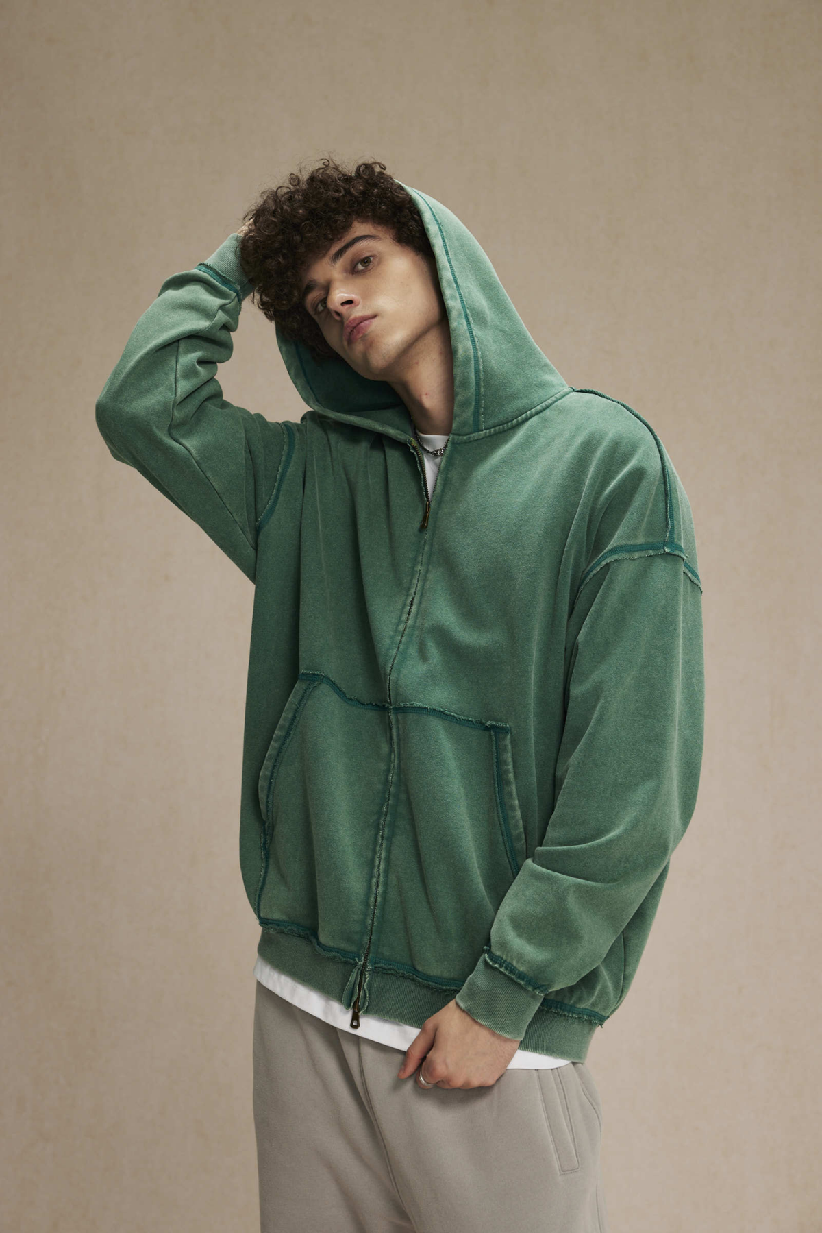 Raw Edge Two-Way Zip Hoodie
