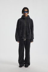 High-Neck Panelled Zip Hoodie – washed fabric detail