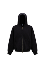 Cropped Boxy Zip Hoodie in Black – front view