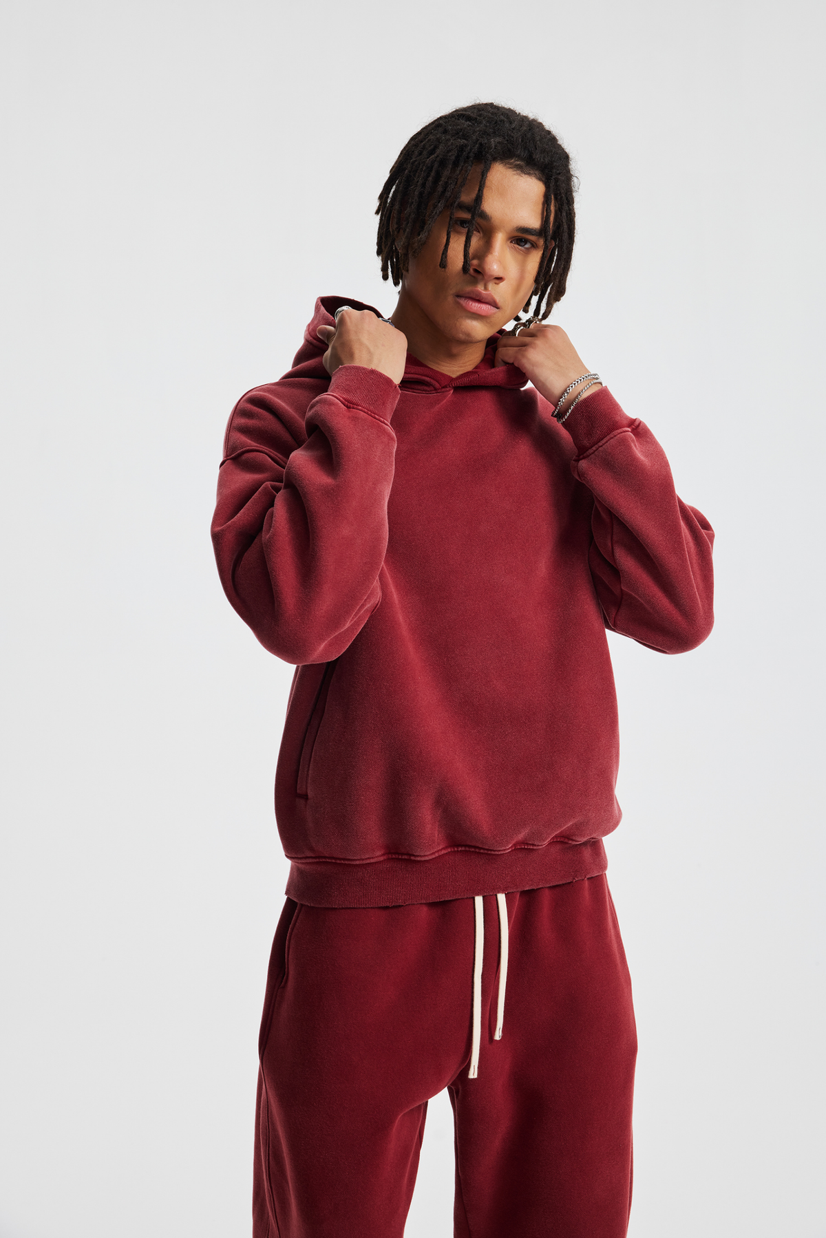 Distressed Rib-Panel Hoodie – styled front view