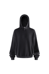 Distressed Rib-Panel Hoodie in Black – front view