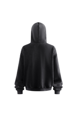 Distressed Rib-Panel Hoodie in Black – close-up detail