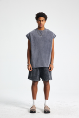 Stone Wash Raw-Edge Sleeveless T-Shirt