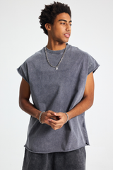 Stone Wash Raw-Edge Sleeveless T-Shirt